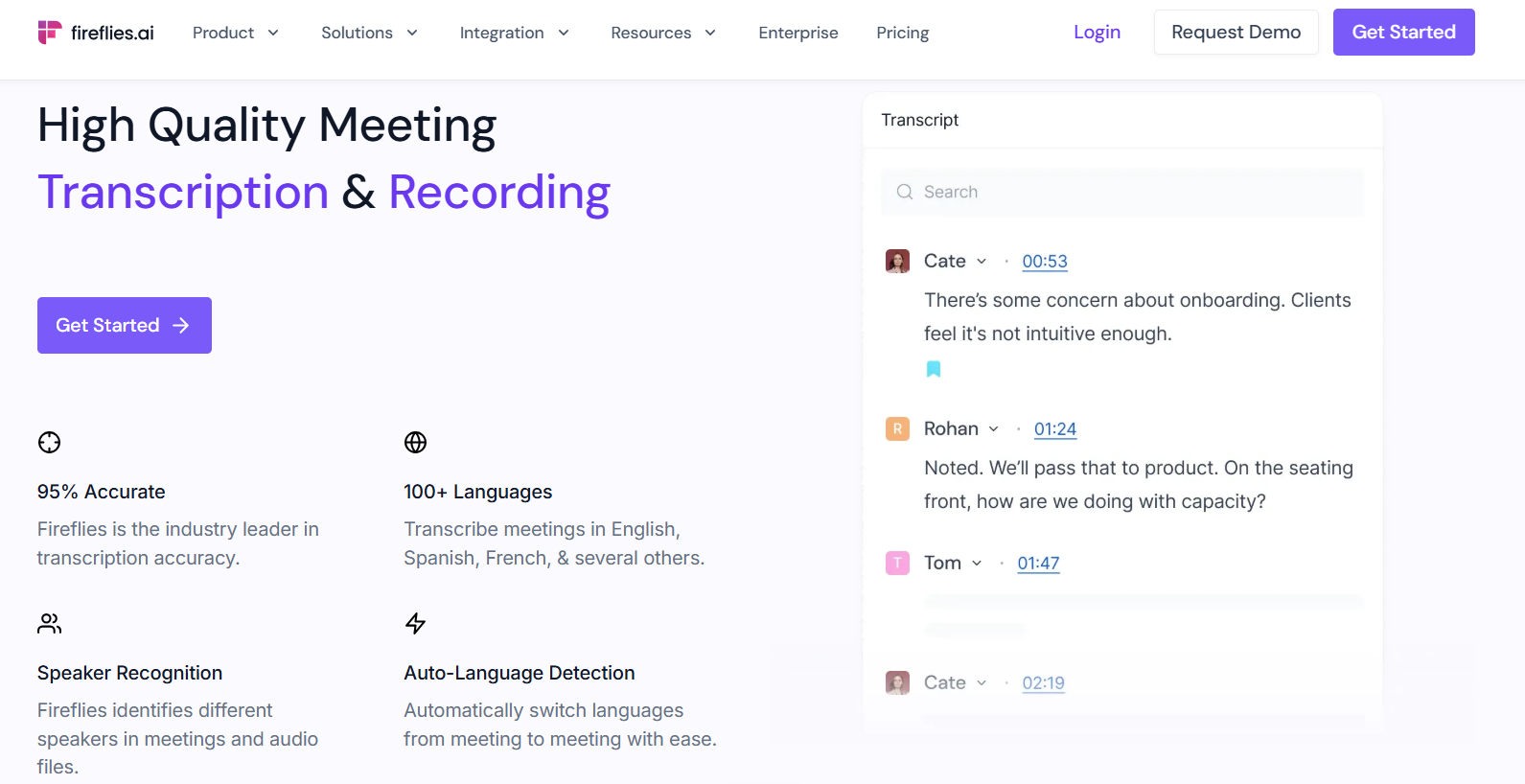 Fireflies.ai meeting transcription software showing 95% accuracy, 100+ languages, speaker recognition, and a live transcript panel