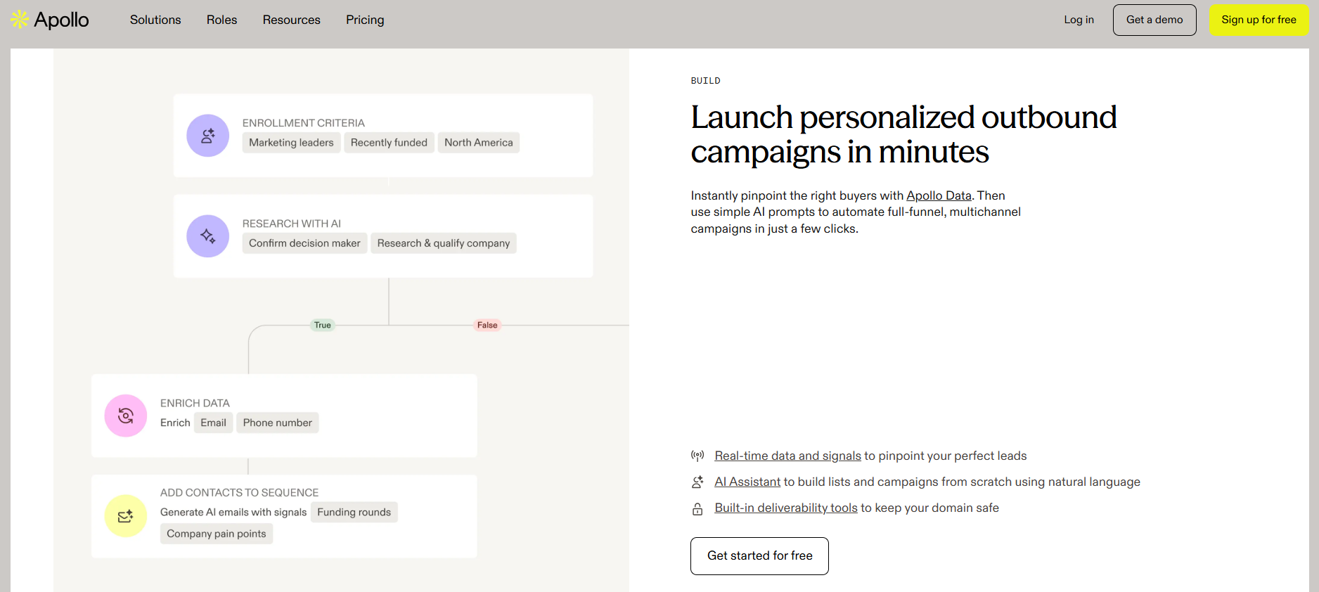 Apollo outbound sales software workflow builder showing enrollment criteria, AI research, data enrichment, and sequence steps