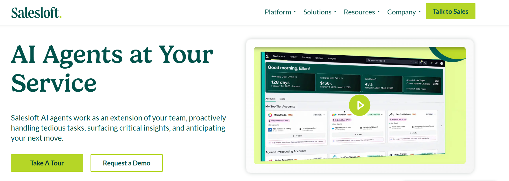 Salesloft AI agents workspace with deal cycle, win rate, pipeline coverage, and agentic prospecting account tiles