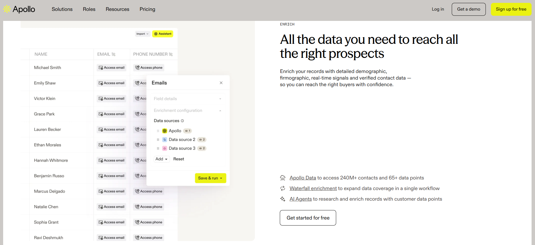 Apollo enrichment settings stacking three data sources for waterfall email and phone reveals on a prospect list