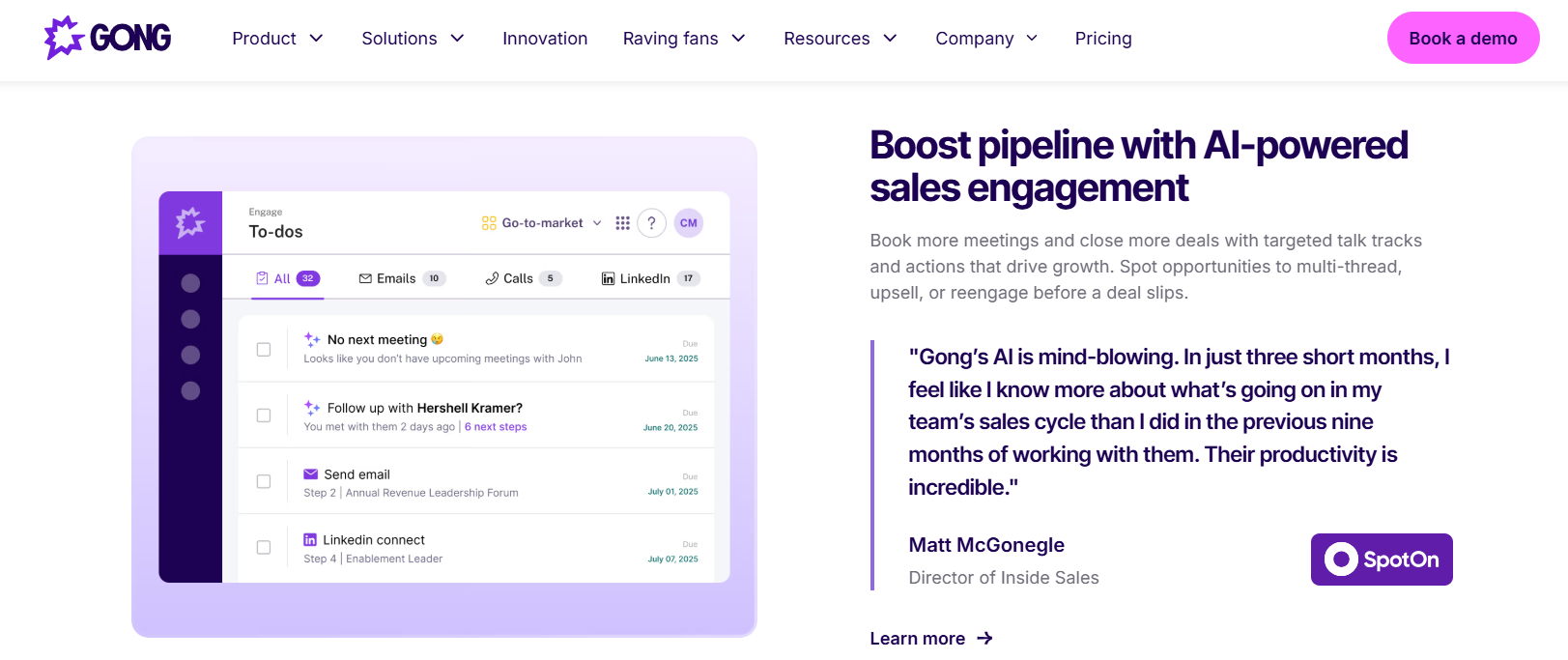 Gong Engage to-do list surfacing pipeline actions across email, calls, and LinkedIn before a deal slips
