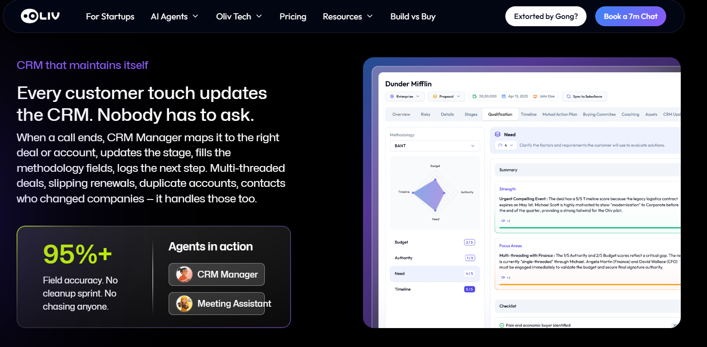 Oliv AI CRM Manager agent mapping a call to the right deal with 95%+ field accuracy and BANT scoring