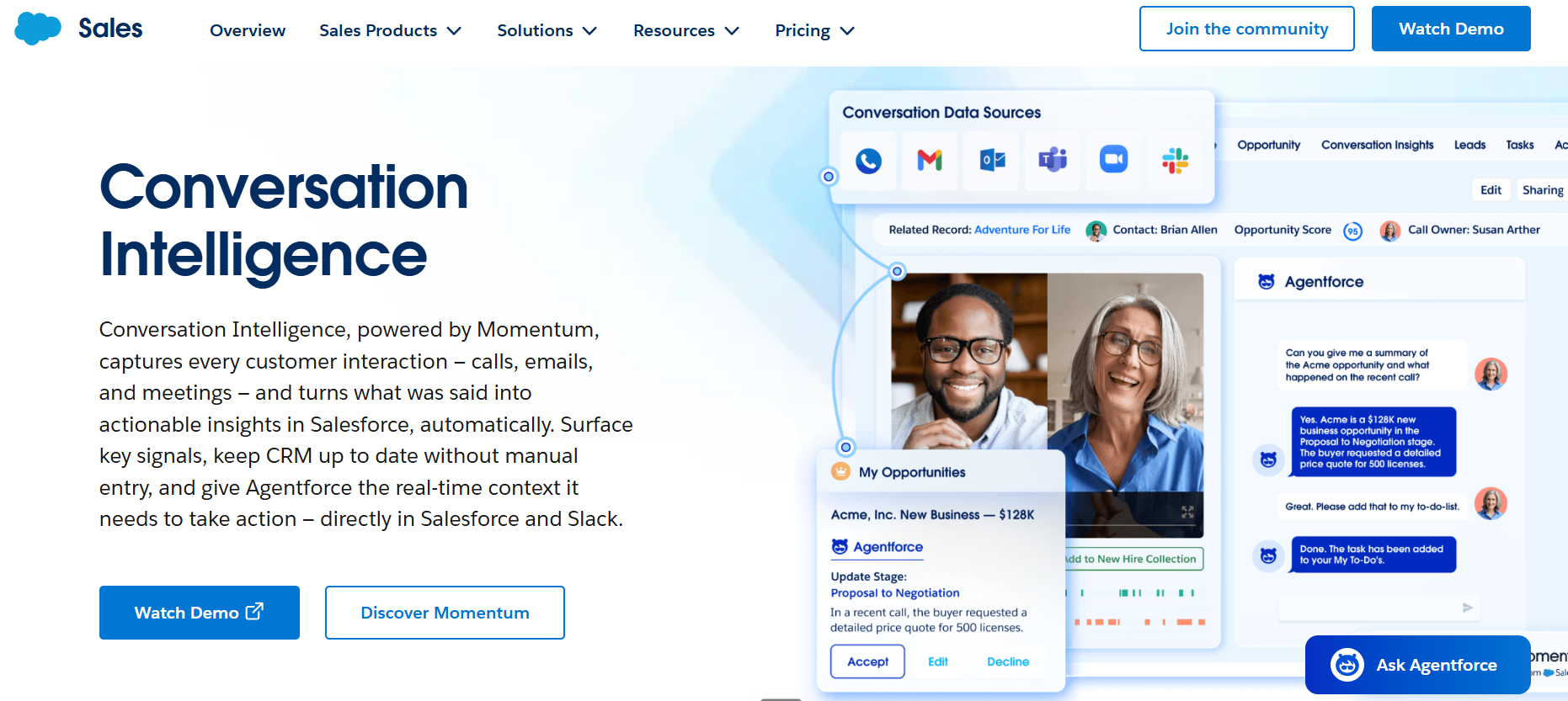Salesforce Conversation Intelligence panel surfacing opportunity scores and Agentforce CRM update suggestions
