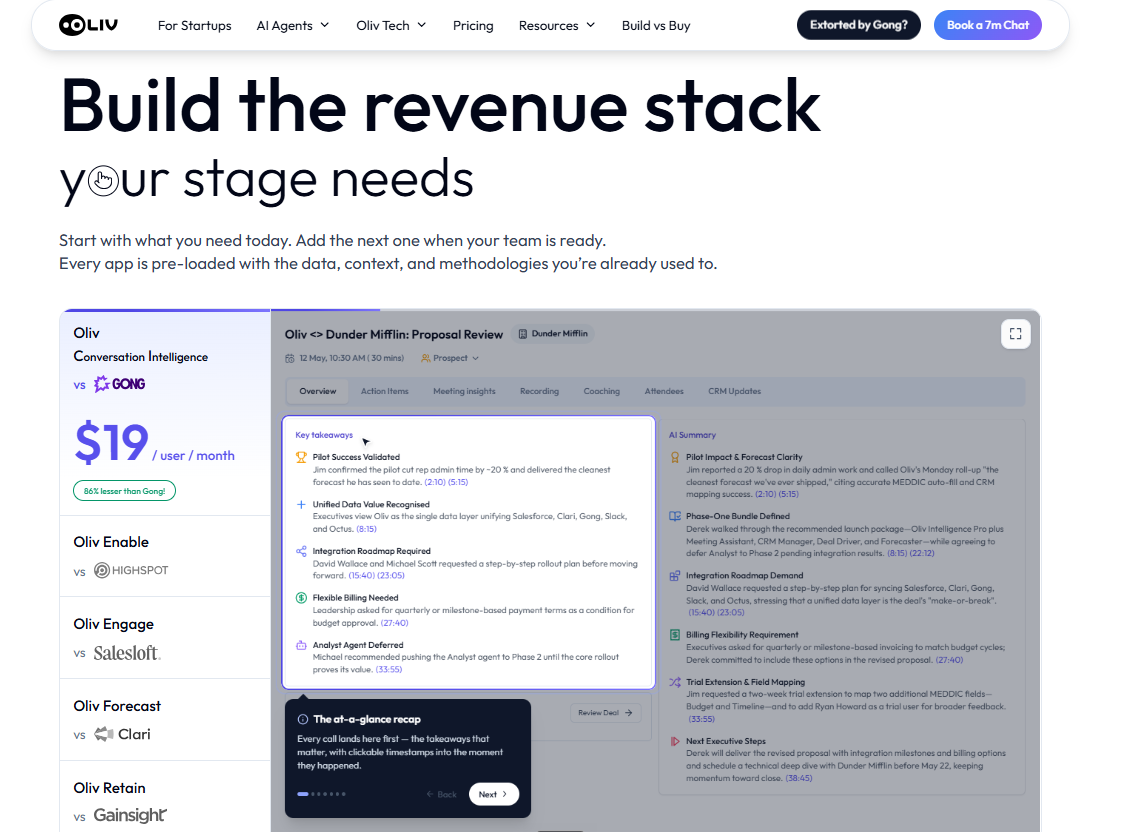 Oliv AI modular revenue stack from $19 per user, showing deal takeaways, MEDDIC auto-fill and CRM updates