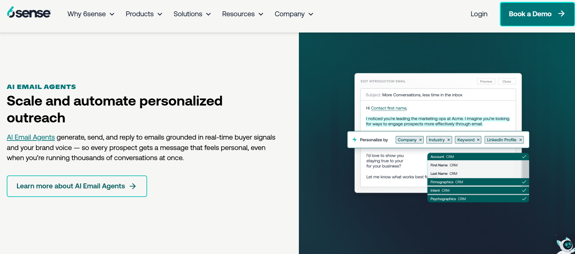 6sense AI Email Agents drafting outreach grounded in real-time buyer intent signals and CRM firmographic fields