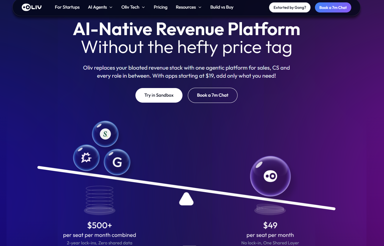  Oliv AI agentic revenue platform pricing comparison, $49 per seat versus $500-plus combined legacy stack cost