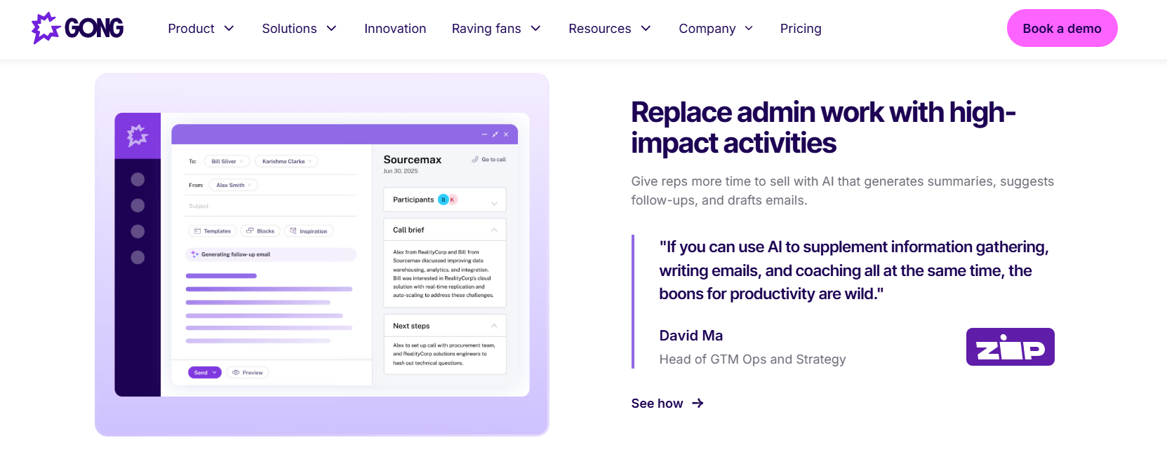 Gong drafting a follow-up email beside an AI call brief and next steps panel to cut rep admin work