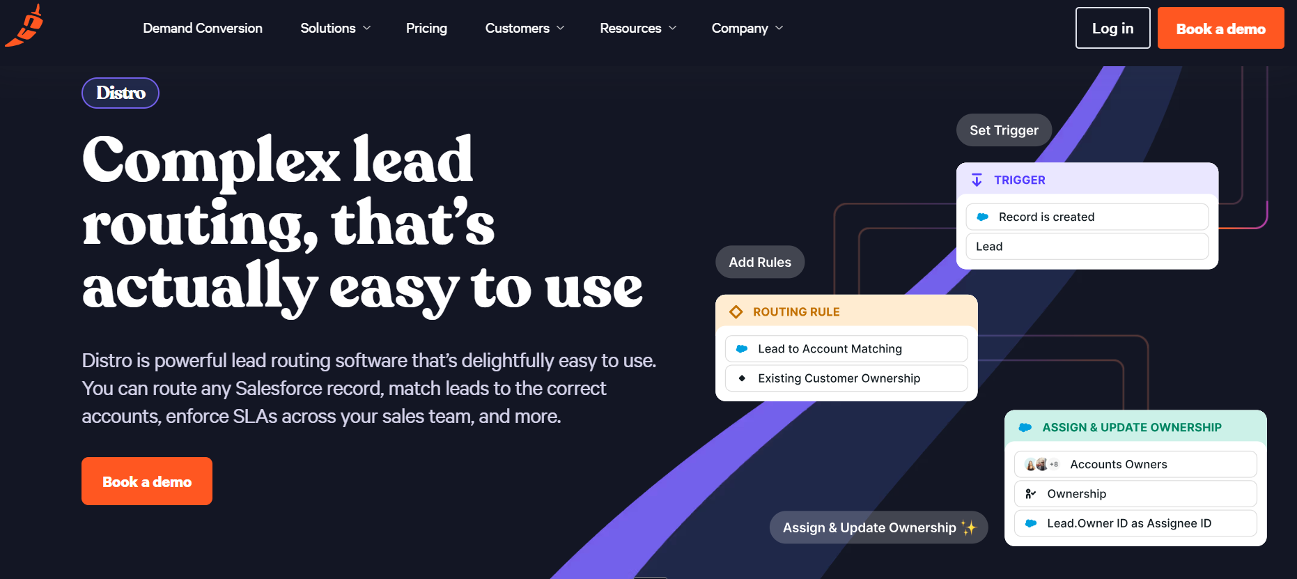 Chili Piper Distro routing builder with trigger, lead-to-account matching rule and automatic Salesforce ownership assignment