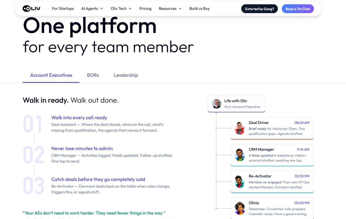 Oliv AI agent feed showing Deal Driver prep, CRM Manager field updates, Re-Activator, and Olivia