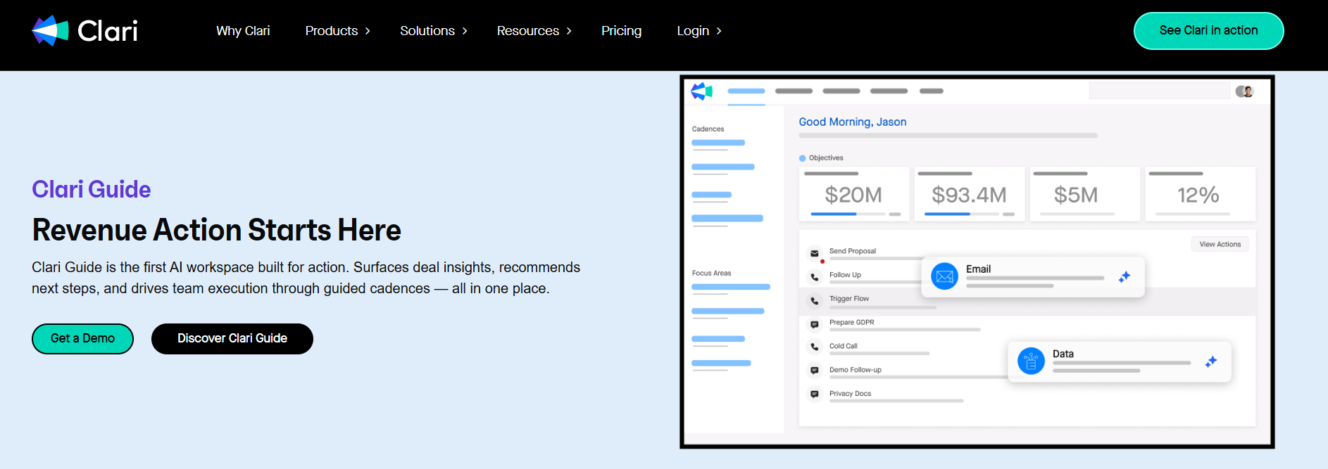  Clari Guide AI workspace surfacing deal insights, recommended next steps, and guided cadences for sales productivity