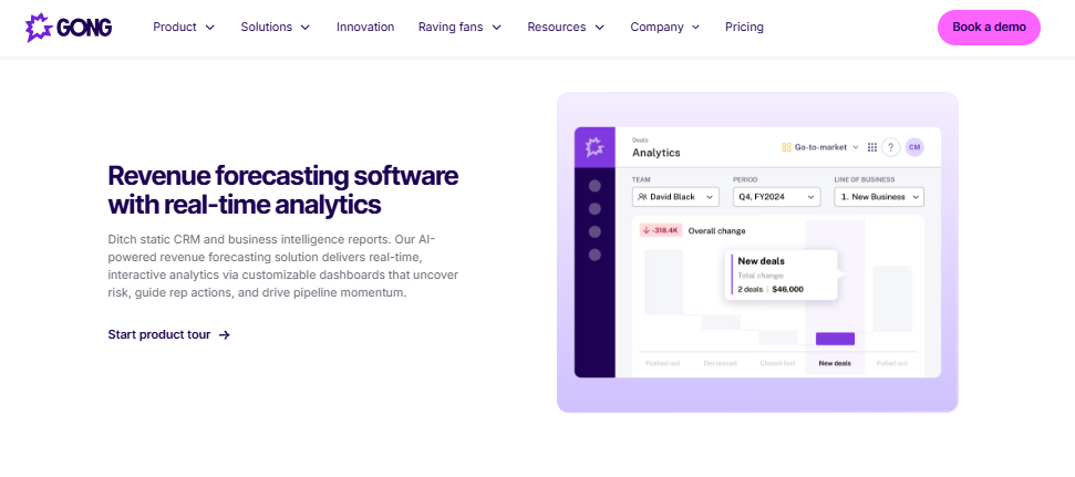 Gong revenue forecasting software page with deal analytics dashboard showing quarterly pipeline changes by team