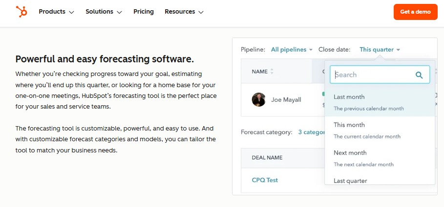 HubSpot forecasting software page showing pipeline filters, close date selector, and customizable forecast categories