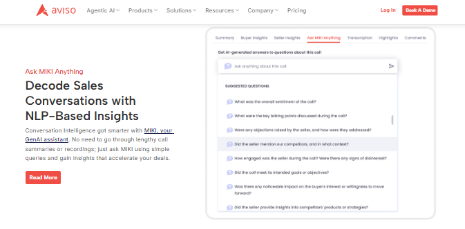 Aviso conversation intelligence page showing MIKI GenAI assistant answering suggested questions about a recorded sales call