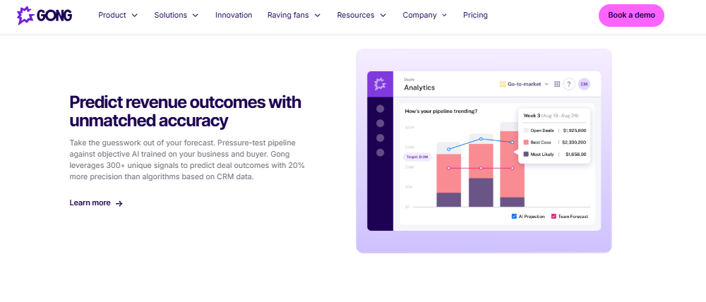 Gong revenue analytics dashboard predicting pipeline outcomes from 300+ deal signals for sales call forecasting