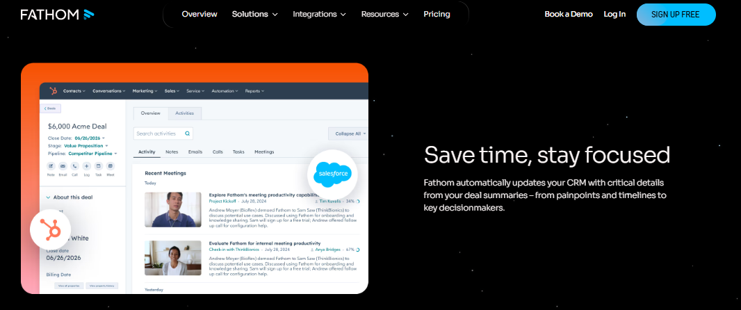 Fathom automatically updating a HubSpot deal record with pain points, timelines and decision makers after calls