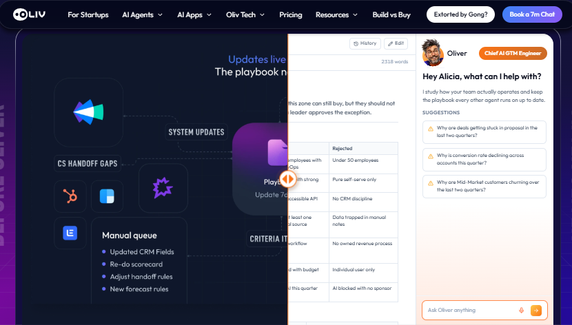 Oliv AI platform showing Oliver GTM engineer agent answering pipeline questions beside a live playbook update queue