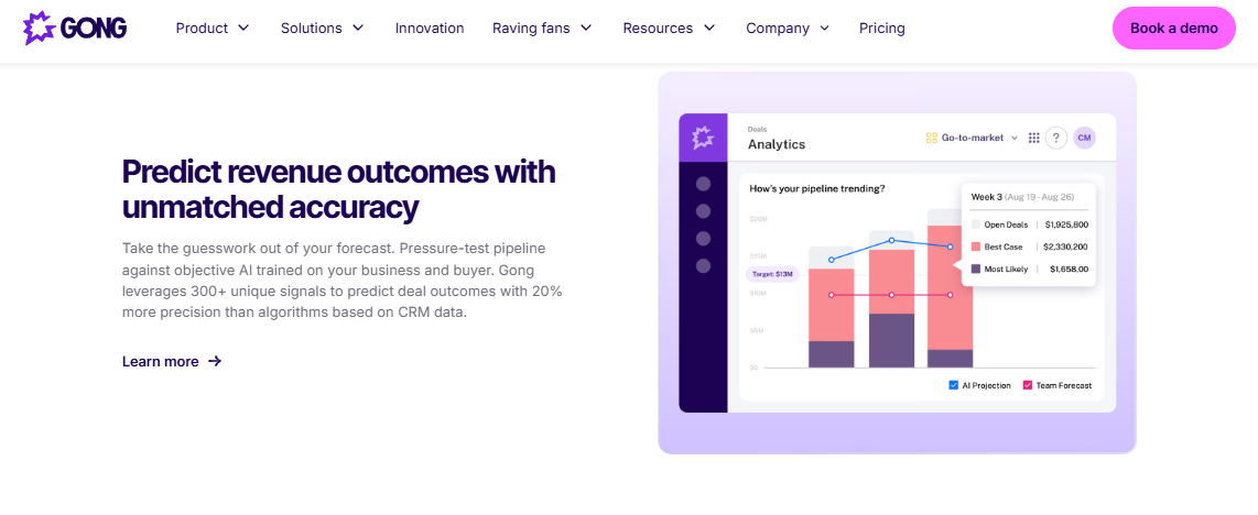 Gong forecasting page showing AI pipeline projection analytics with best case and most likely revenue outcomes