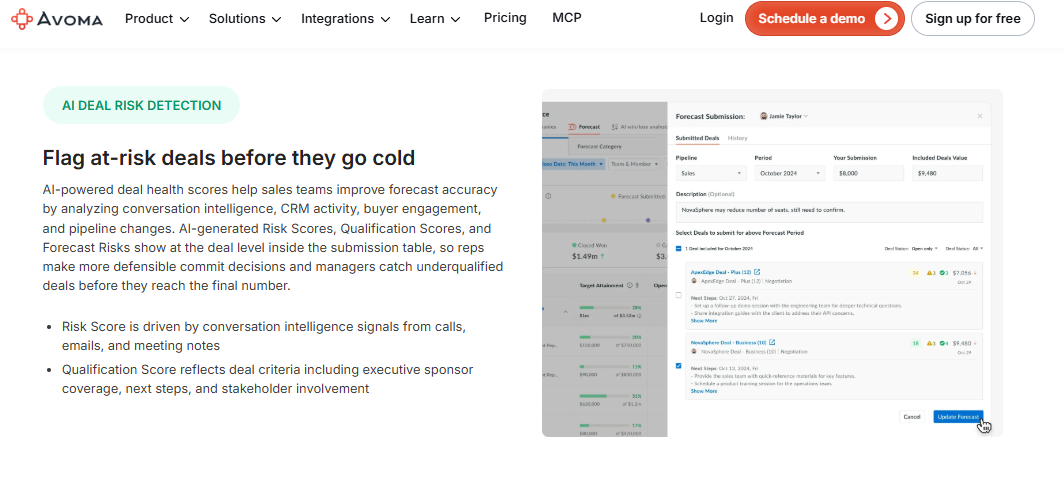 Avoma AI deal risk detection page showing risk scores and forecast submission table for at-risk deals