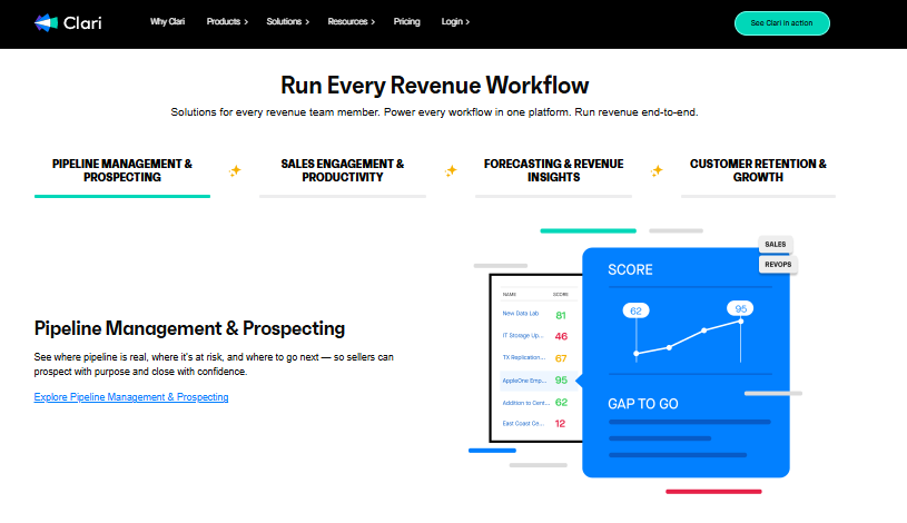 Clari revenue workflow page showing pipeline management, engagement, forecasting, retention, and a pipeline scoring illustration.