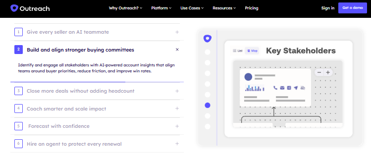 Outreach buying committee panel beside a Key Stakeholders map, with account insights for identifying and engaging stakeholders.