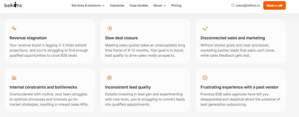 Belkins page listing common B2B sales challenges, including revenue stagnation, slow deal closure, and inconsistent lead quality