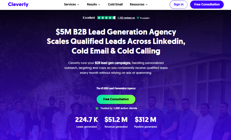 Cleverly homepage promoting B2B lead generation across LinkedIn, cold email, and cold calling, with leads, revenue, and pipeline stats