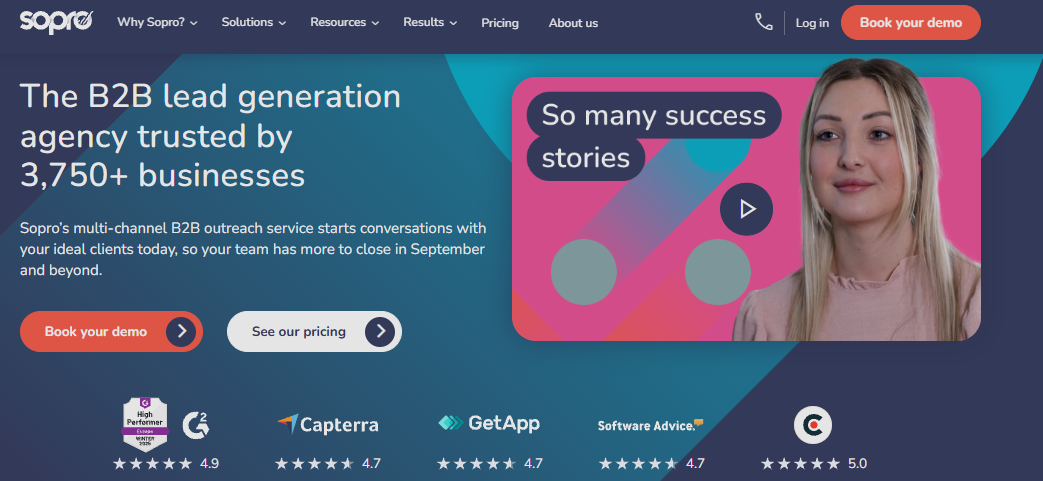 Sopro homepage for multichannel B2B lead generation, with G2, Capterra, GetApp, and Software Advice review ratings