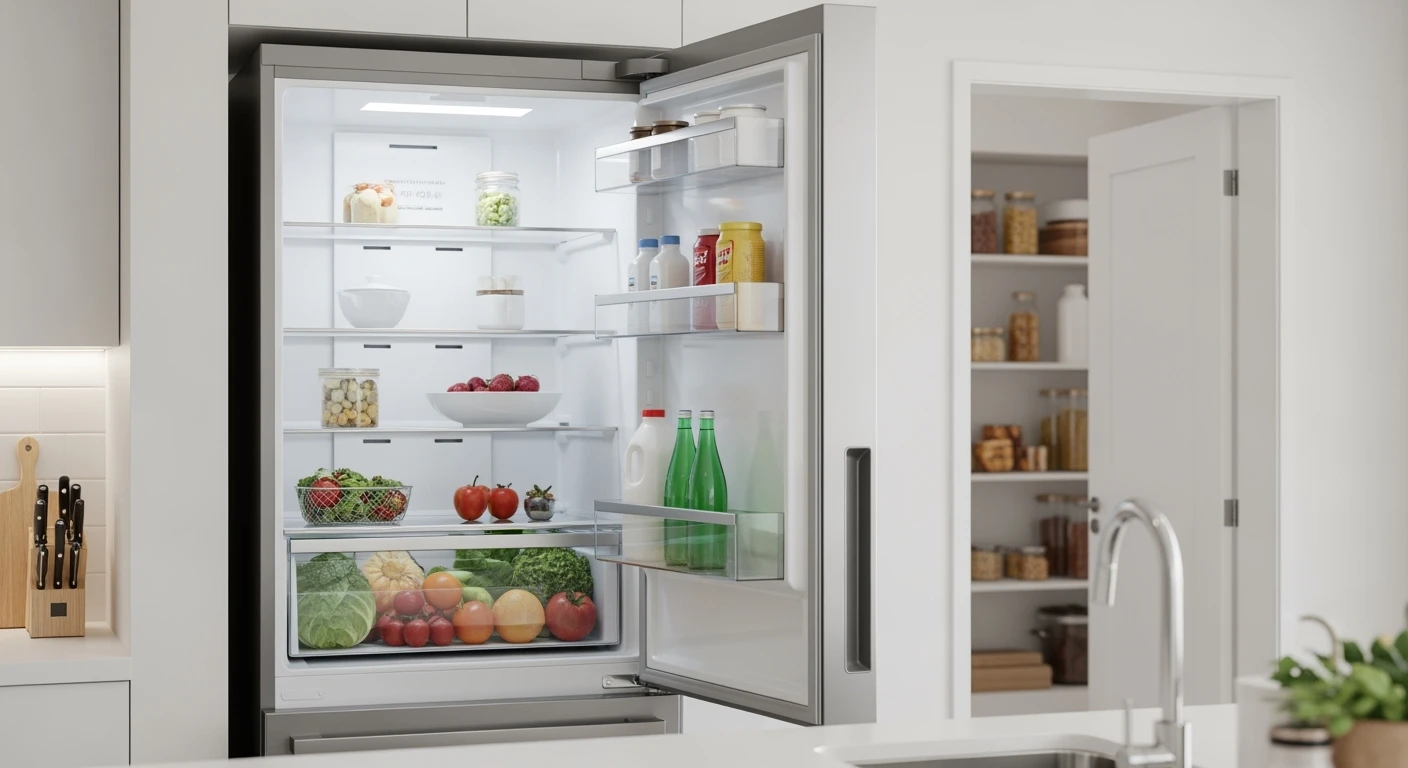 Moderne keuken met strakke, roestvrijstalen koelkast gevuld met verse producten. Kies de juiste koelkast!