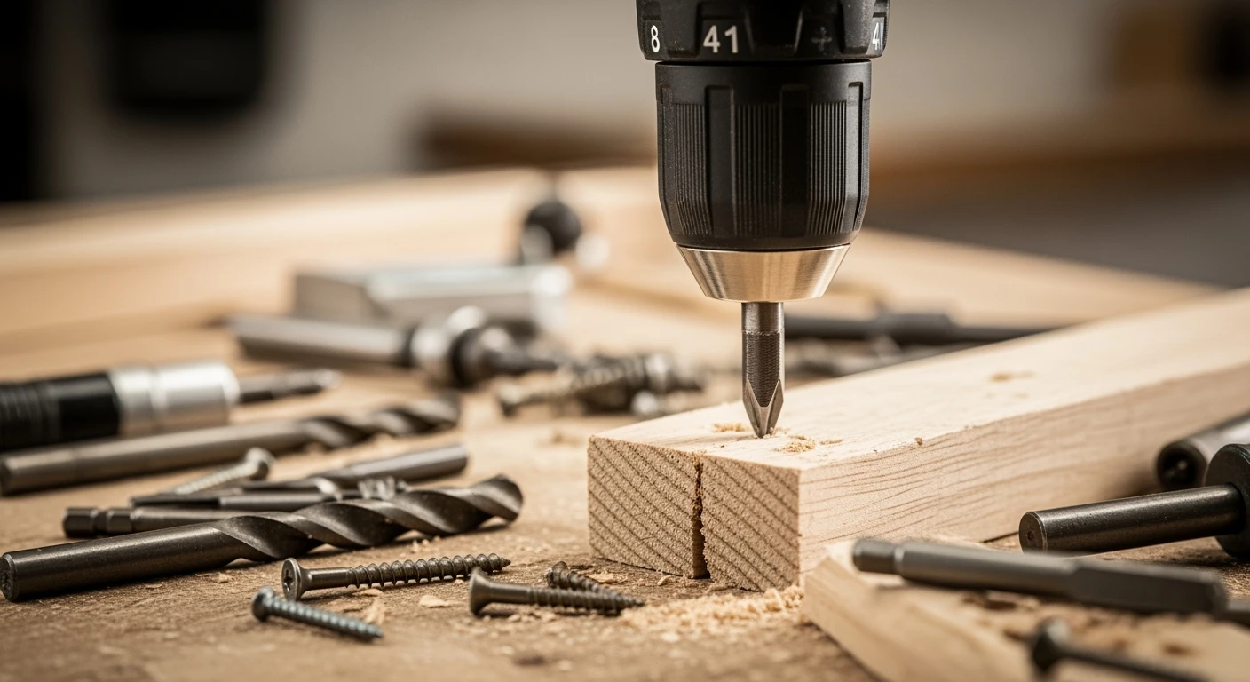 Accu boormachine in werkplaats. Close-up van boormachine met houtboor in hout.