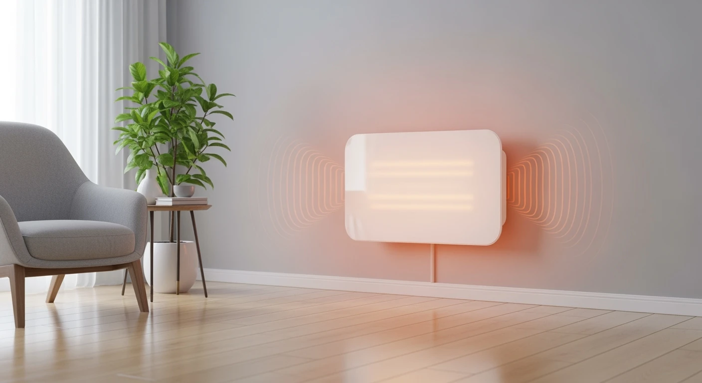 Modern interieur met infraroodpaneel. Stijlvol infrarood verwarmingspaneel zorgt voor duurzame warmte.