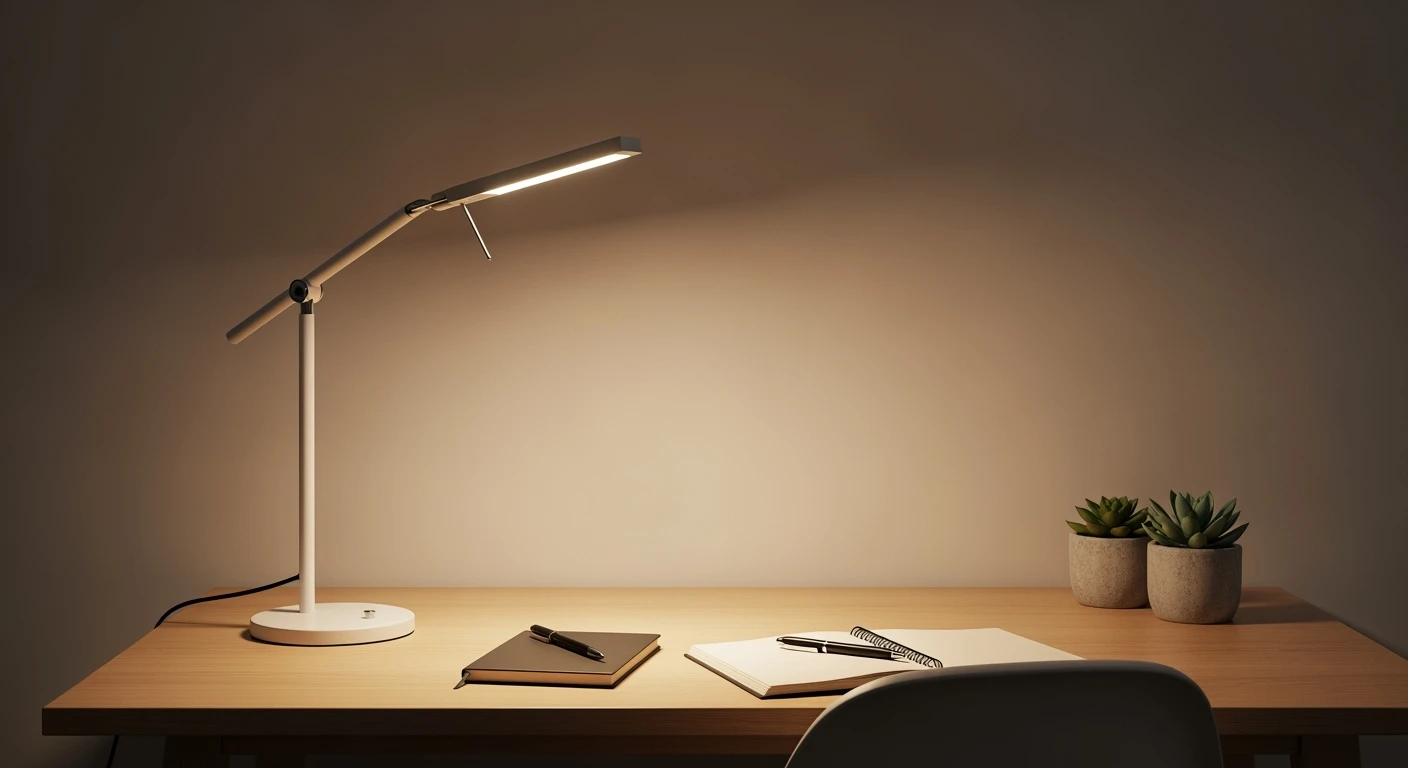 Moderne bureaulamp verlicht een georganiseerde werkplek. Ideaal om een bureau ledlamp te kopen voor meer focus.