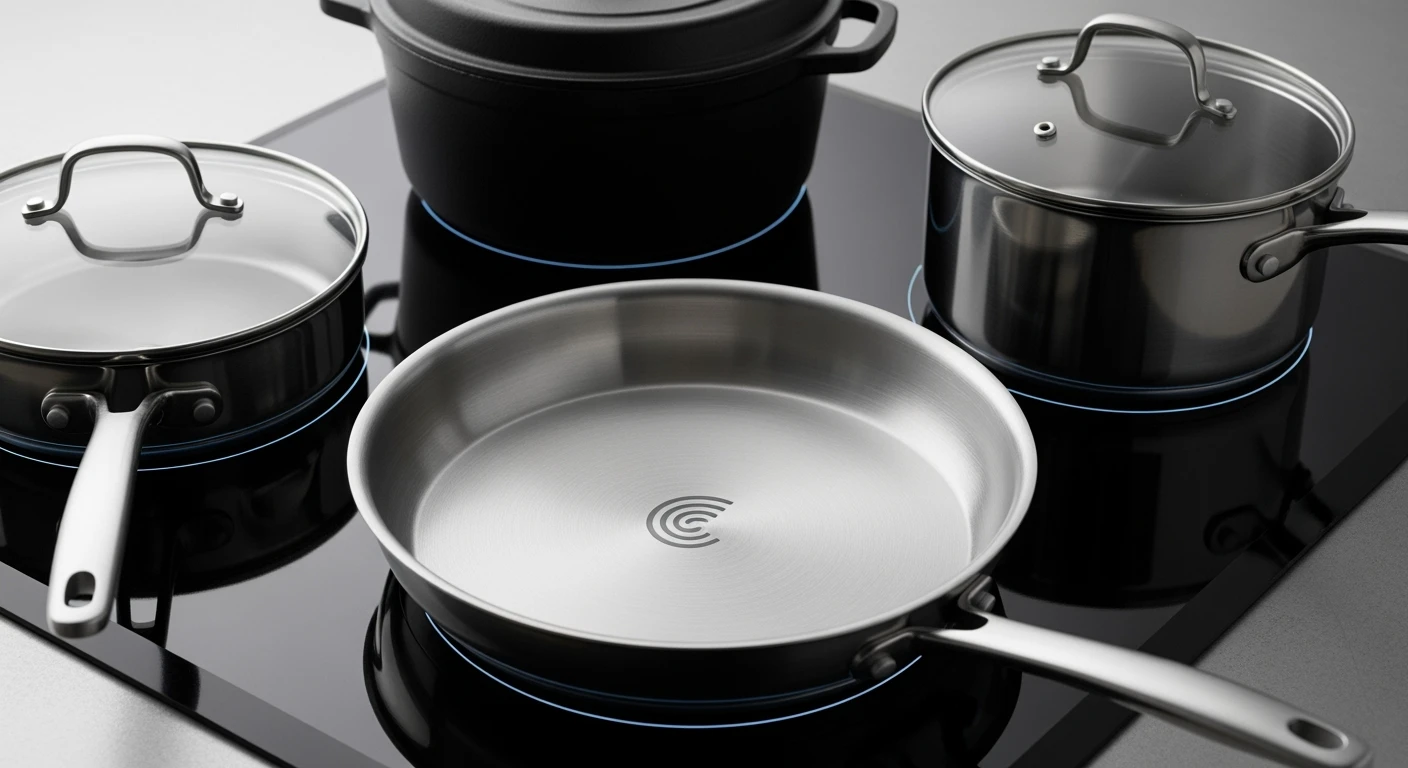 Inductie pannen: diverse pannen voor inductie kookplaat, zoals koekenpan en braadpan.