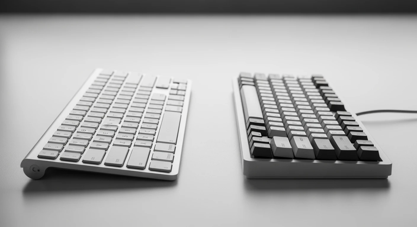 Twee toetsenborden: draadloos toetsenbord vs. bedraad toetsenbord op een modern bureau.
