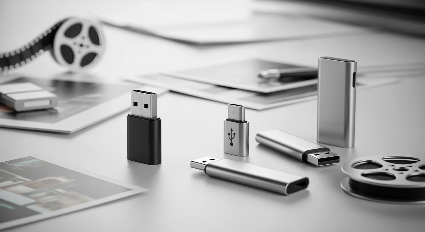 USB stick collectie op een bureau, met USB-A, USB-C en USB 3.1 modellen.