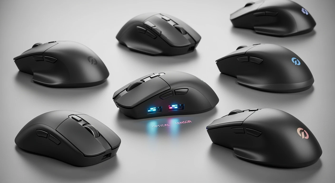 Diverse computermuizen, waaronder draadloze computermuizen en modellen met draad, op een bureau.