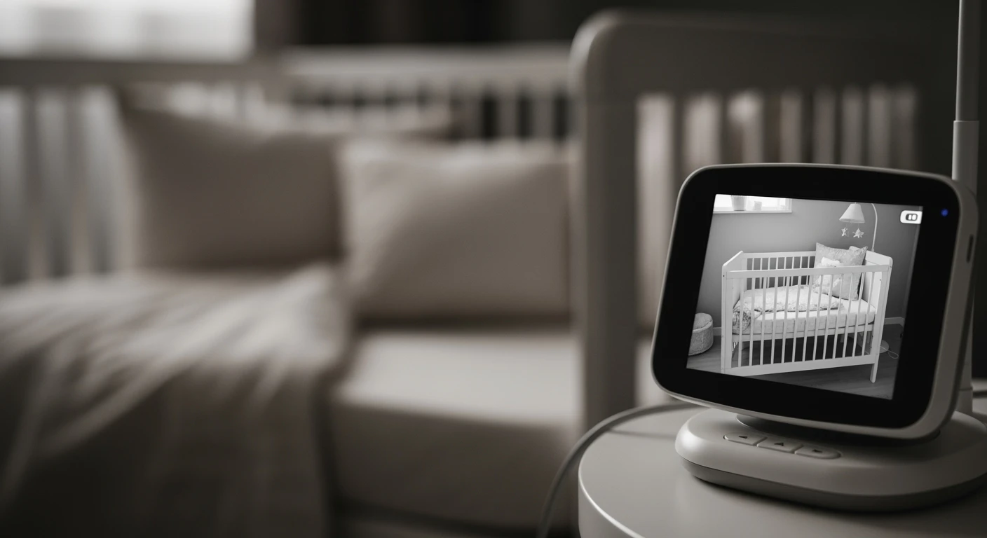 Babyfoon met camera toont helder beeld van een rustige babykamer.