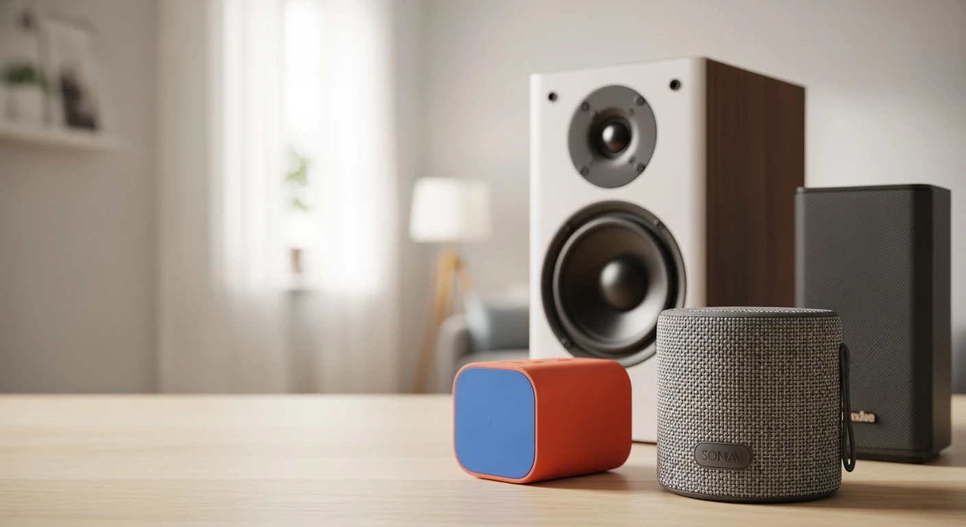 Diverse speakers: bluetooth speaker, muziekbox en hifi speaker op houten ondergrond.