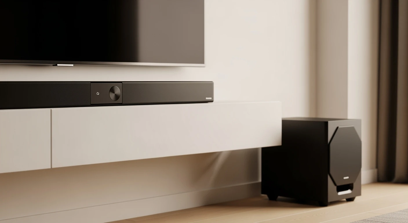 Stijlvolle soundbar met subwoofer in moderne woonkamer. Perfecte audio-oplossing.