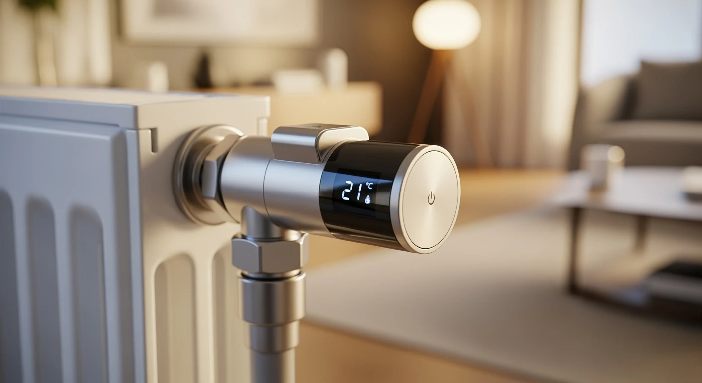 Slimme radiatorknop op radiator toont 21°C. Bespaar energie en creëer gericht comfort.