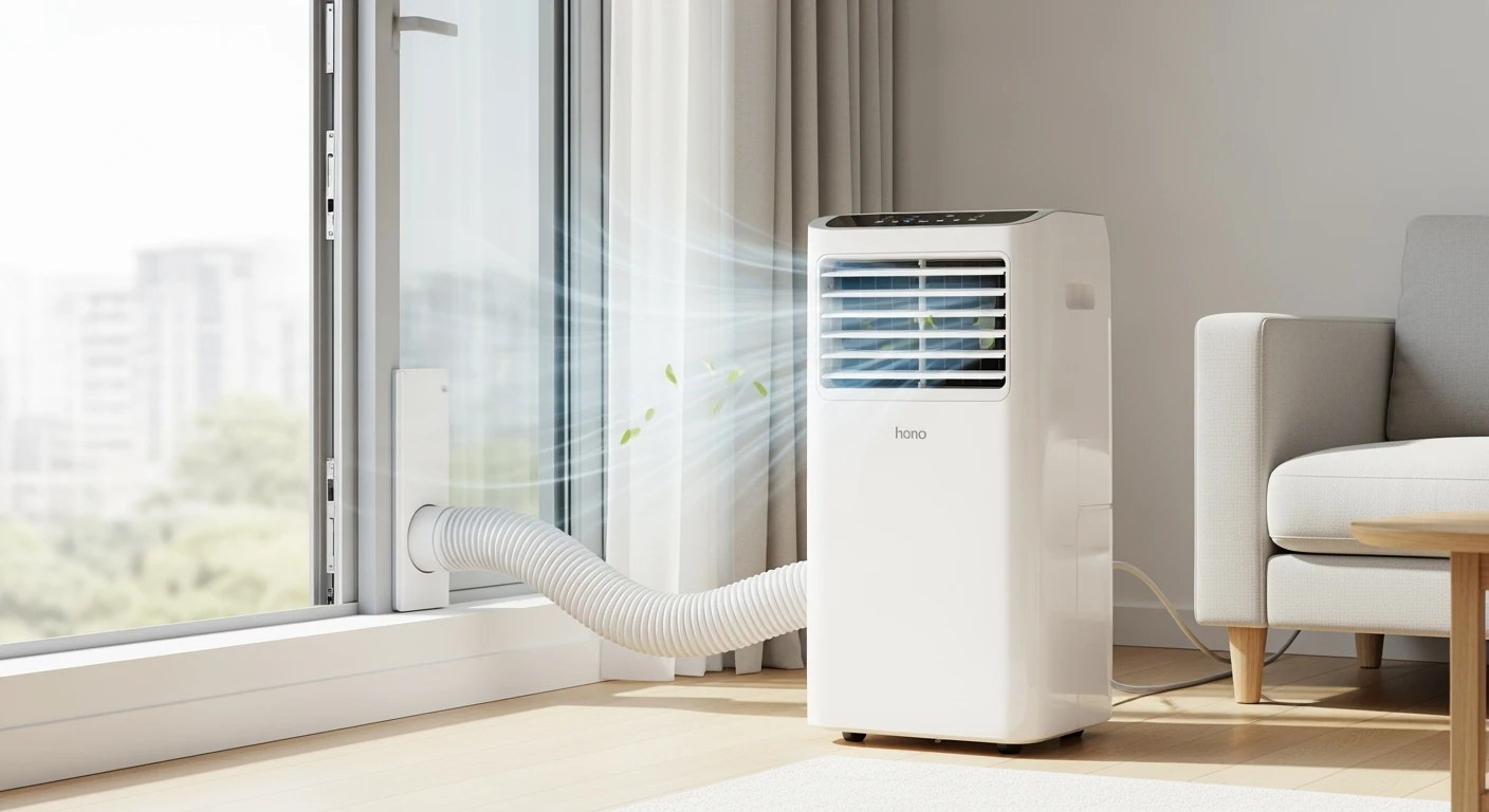 Moderne woonkamer met witte mobiele airco en raamafdichting. Koel interieur, helder zonlicht buiten.