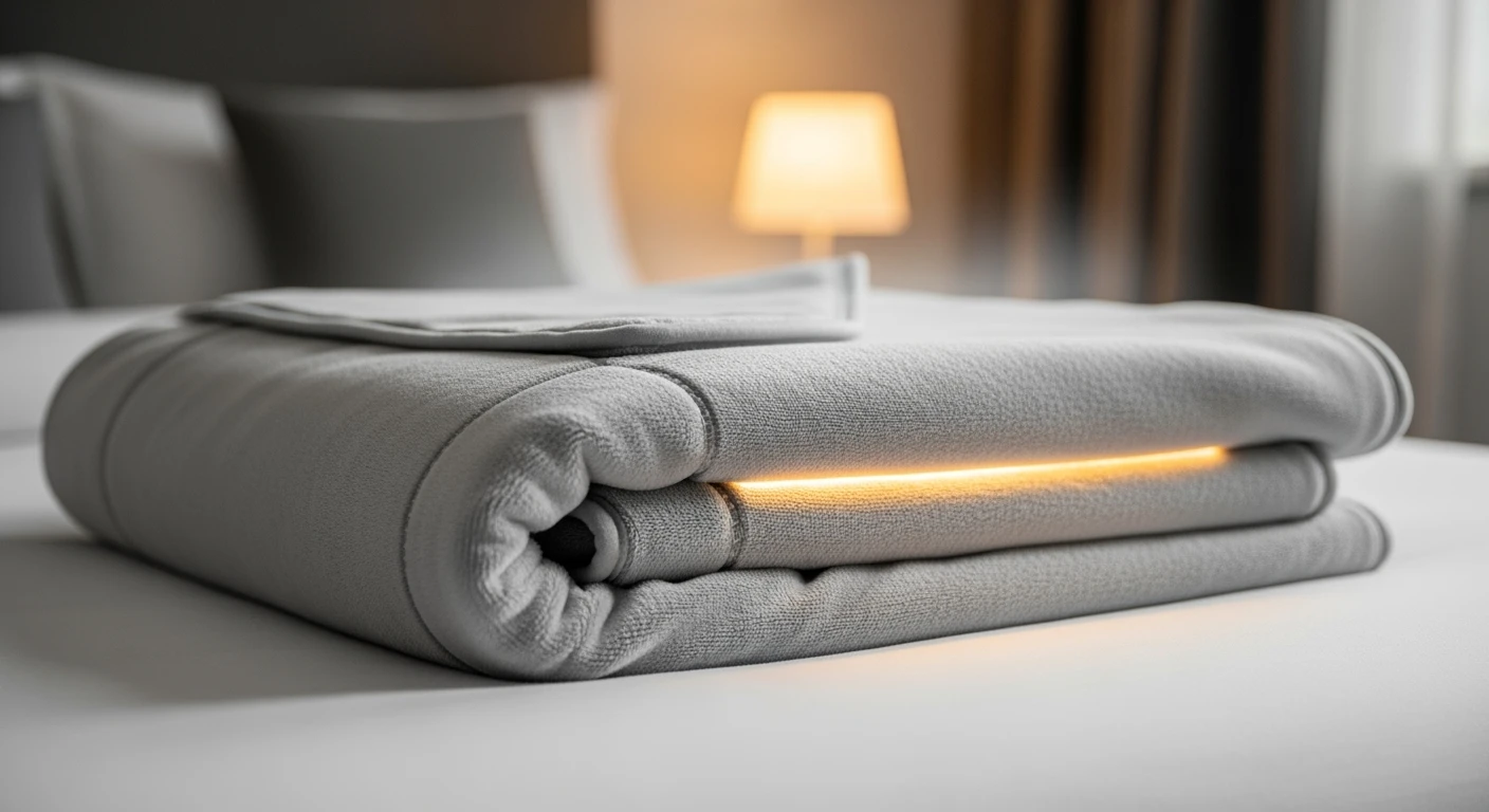 Lichtgrijze elektrische deken opgemaakt bed. Warmte dekens voor comfort en energiebesparing.