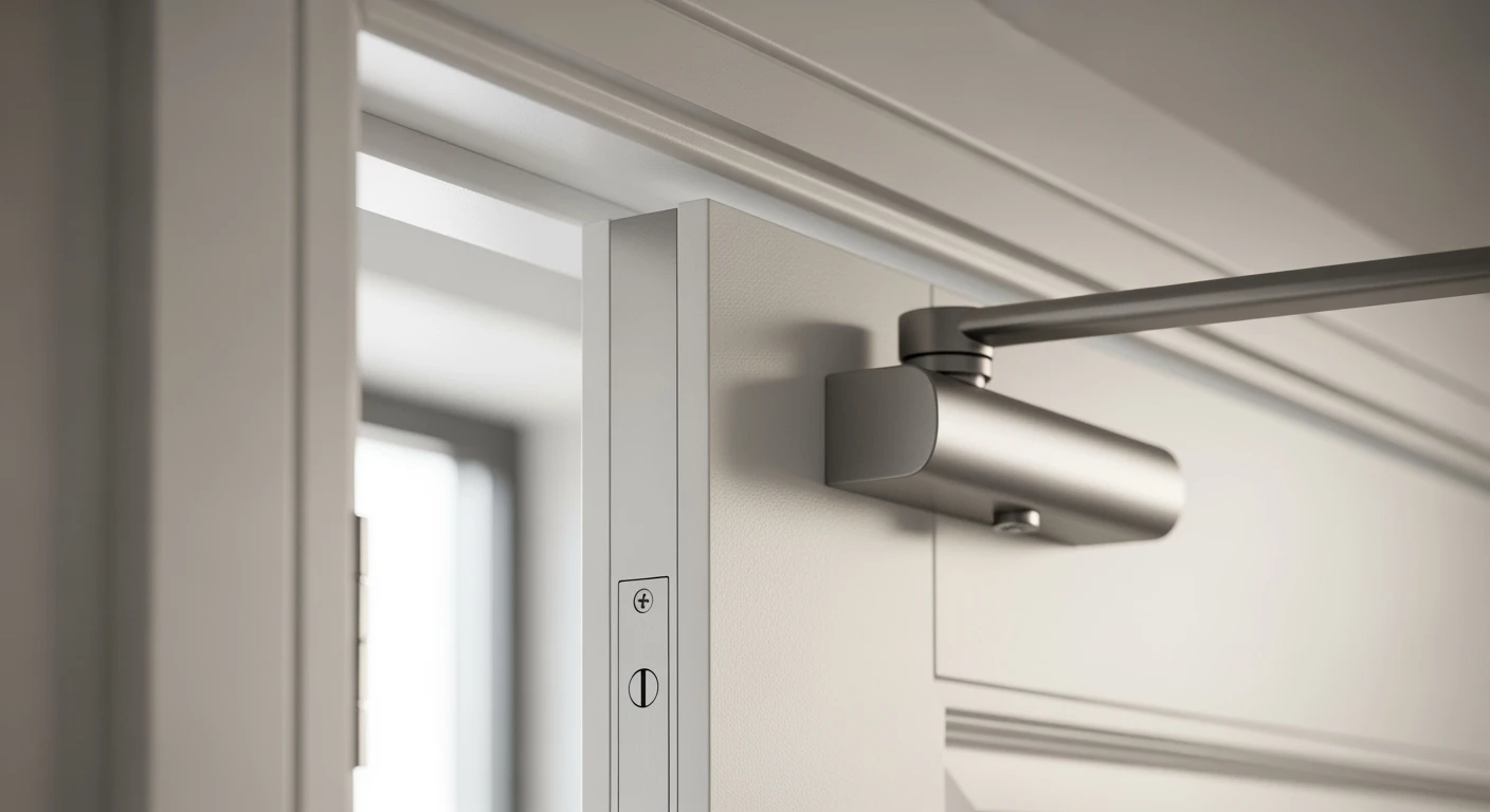 Moderne deurdranger op witte binnendeur. Minimalistisch design, energiezuinig en stil.