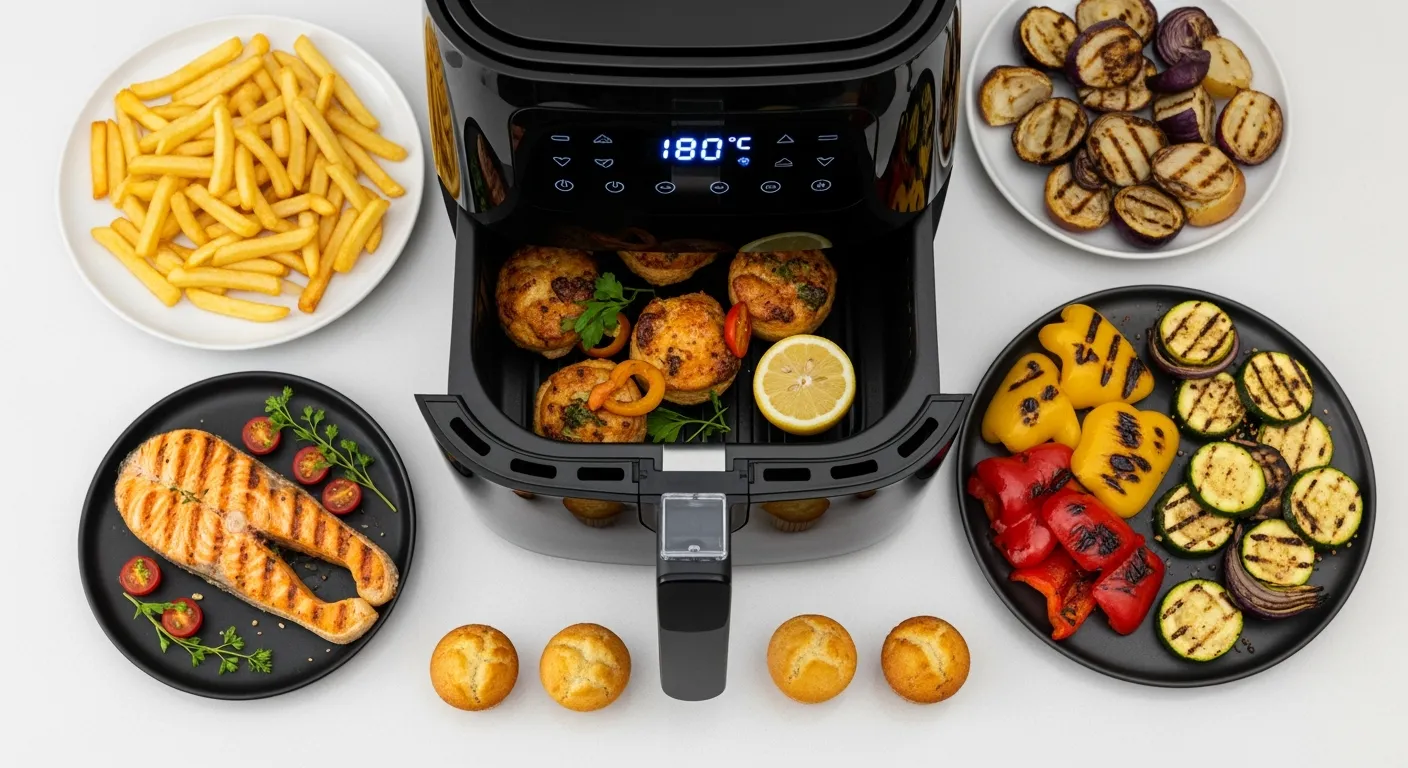 Moderne airfryer met friet, zalm, groenten en muffins. Veelzijdige hetelucht friteuse in actie.