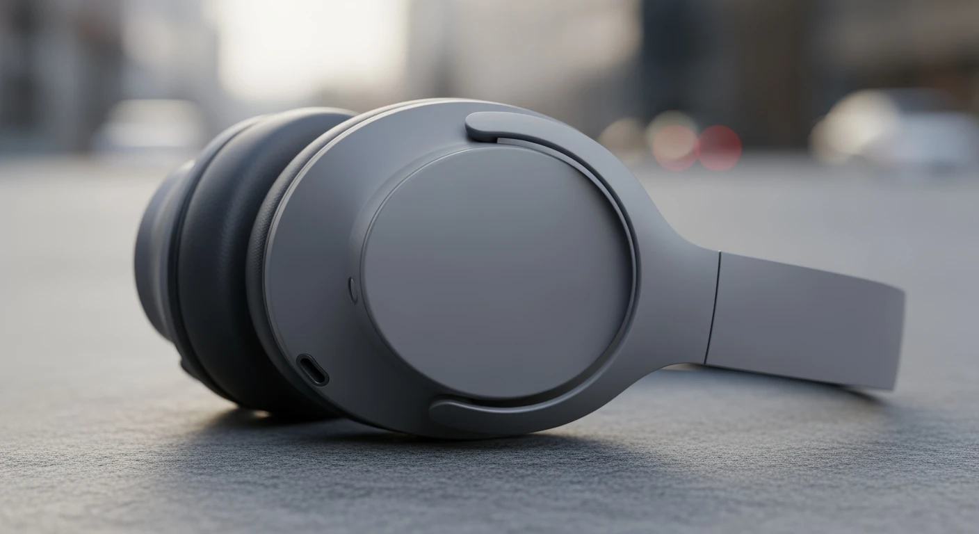 Noise-cancelling headphones op beton. Strak design, matte finish, rustige stedelijke achtergrond.