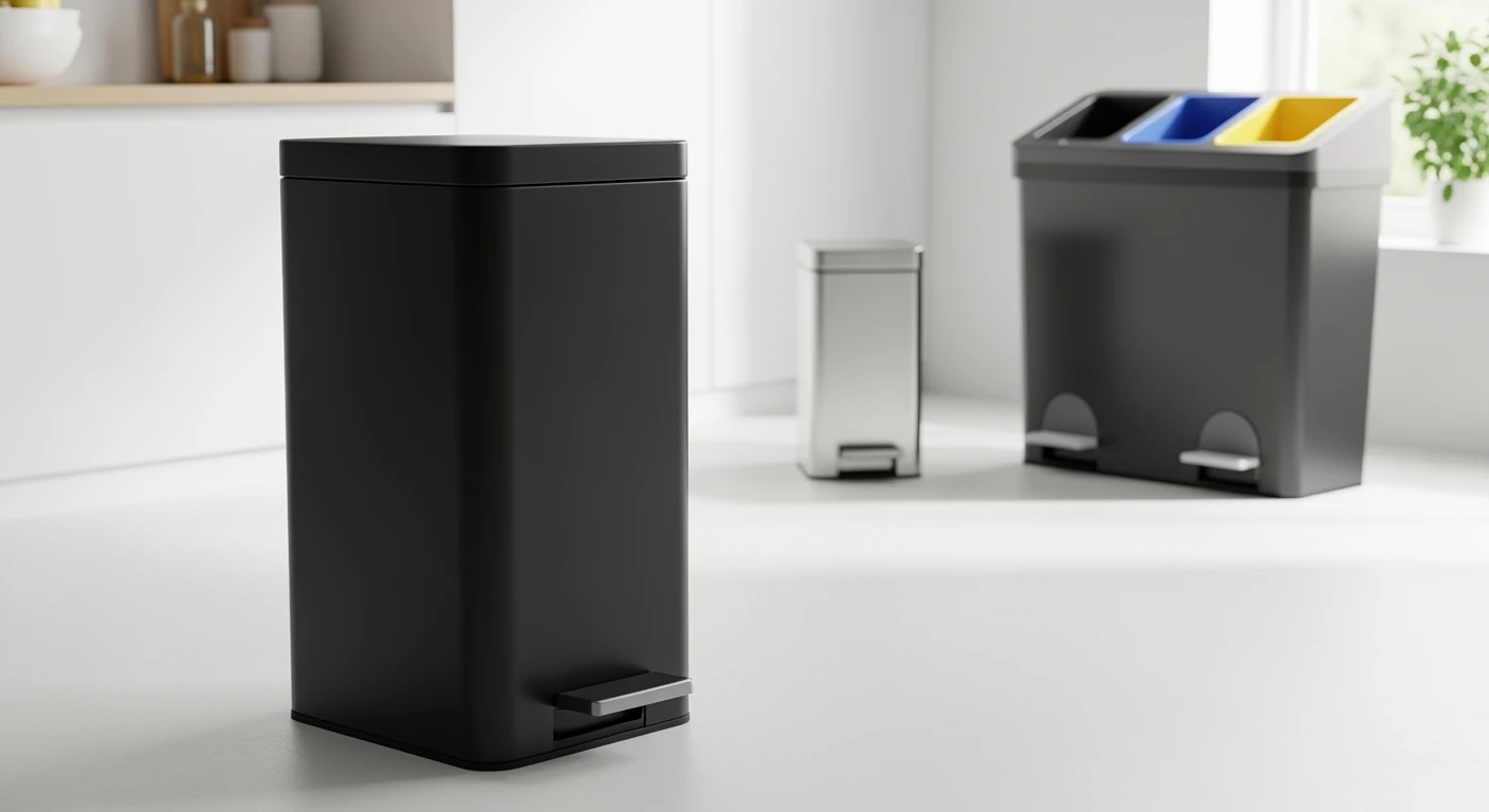 Stijlvolle prullenbak, pedaalemmer in minimalistische keuken. Diverse vuilnisbakken, waaronder een recycling prullenbak.
