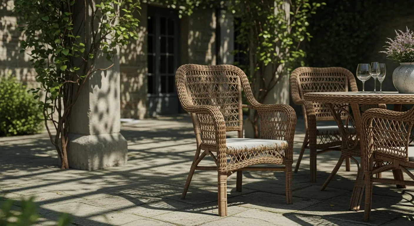Verweerde tuinmeubels loungeset op patio. Subtiele slijtage hint op verborgen kosten.