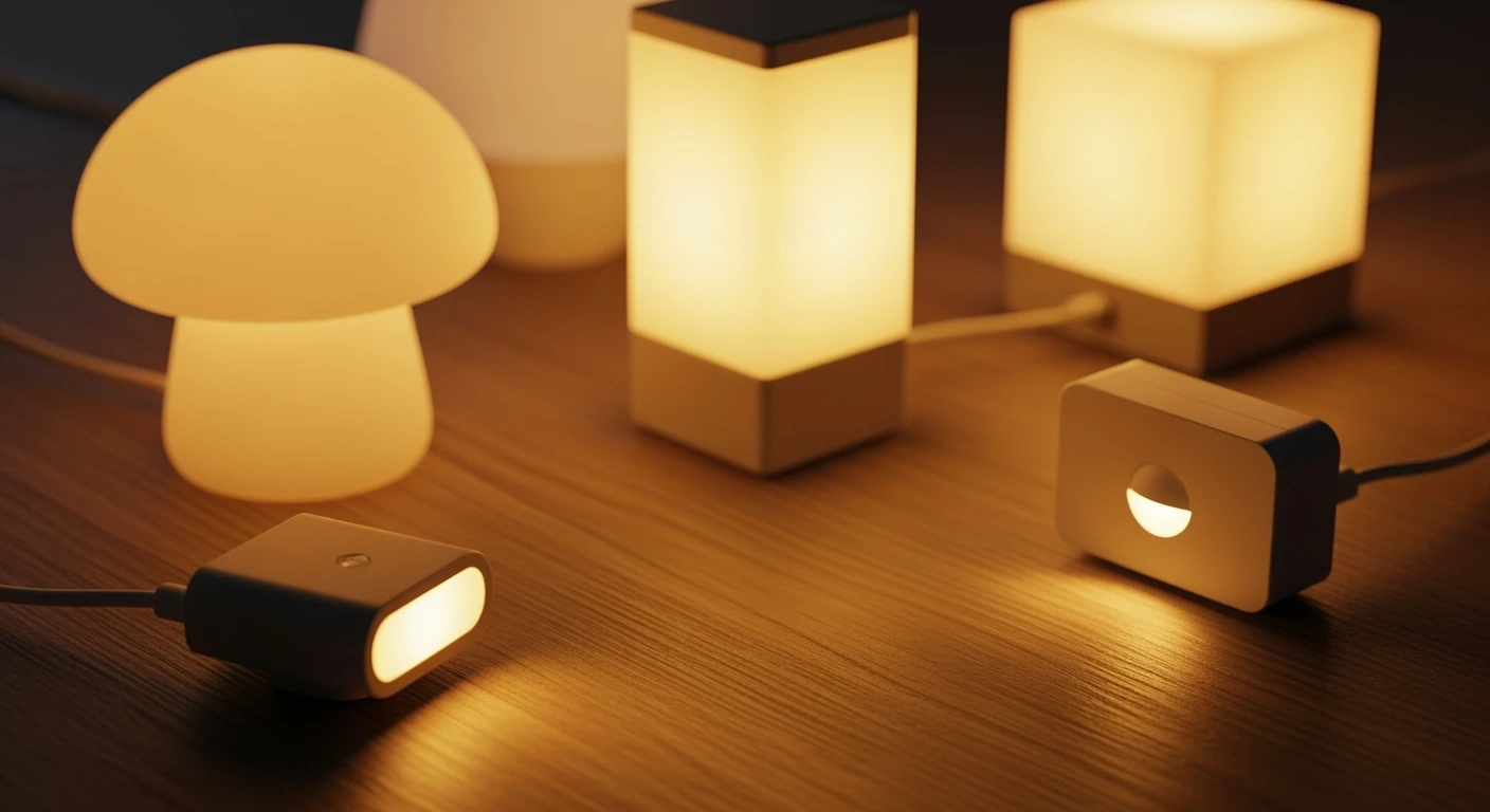 Diverse moderne nachtlampjes: stopcontact, USB & batterij. Warm, zacht licht voor rustige nachten.