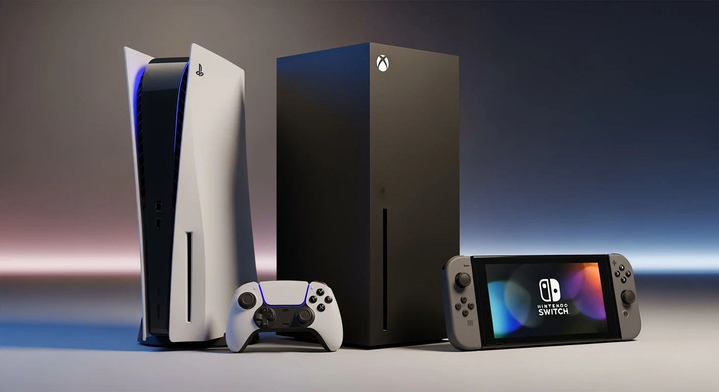 Gameconsoles: PS5, Xbox Series X & Nintendo Switch op een rij.