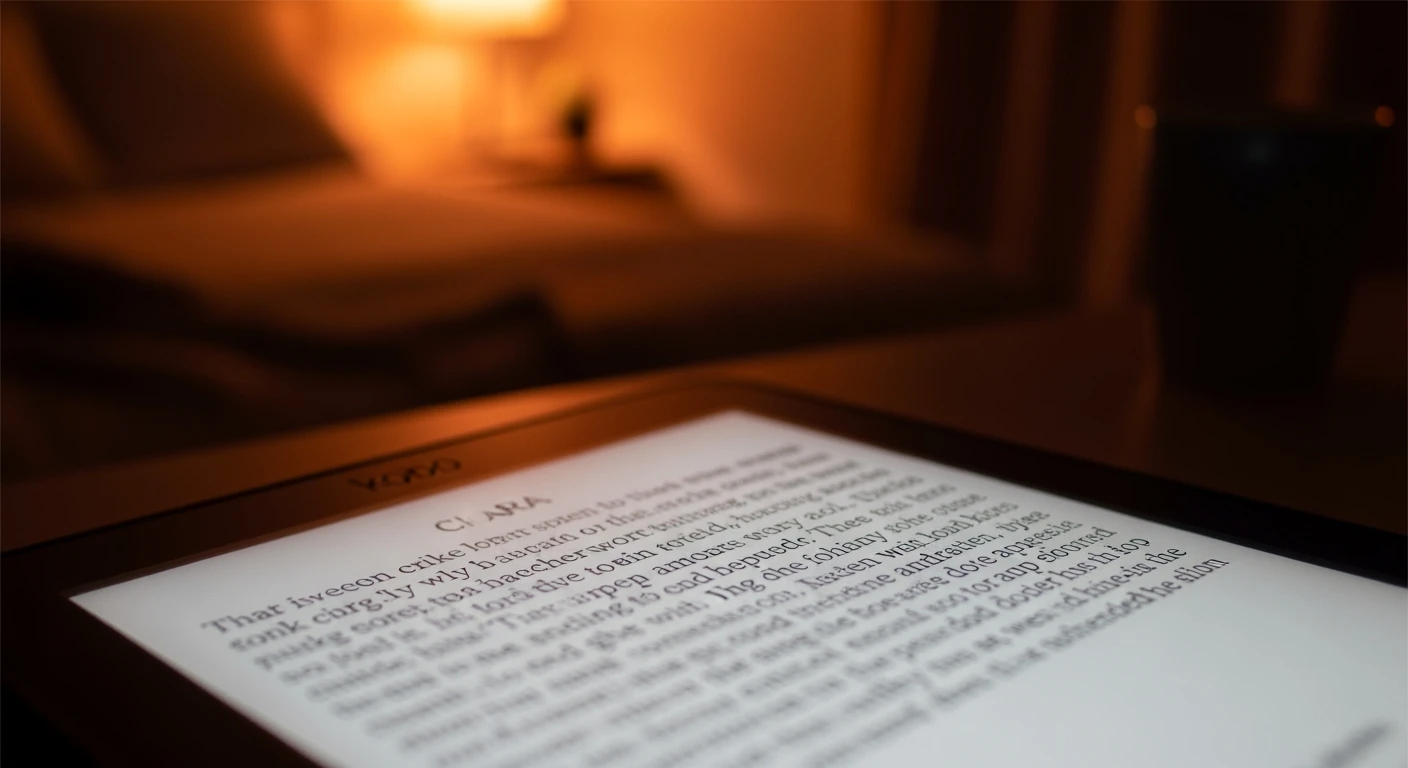 Kobo Clara Ereader toont heldere tekst in zacht avondlicht.