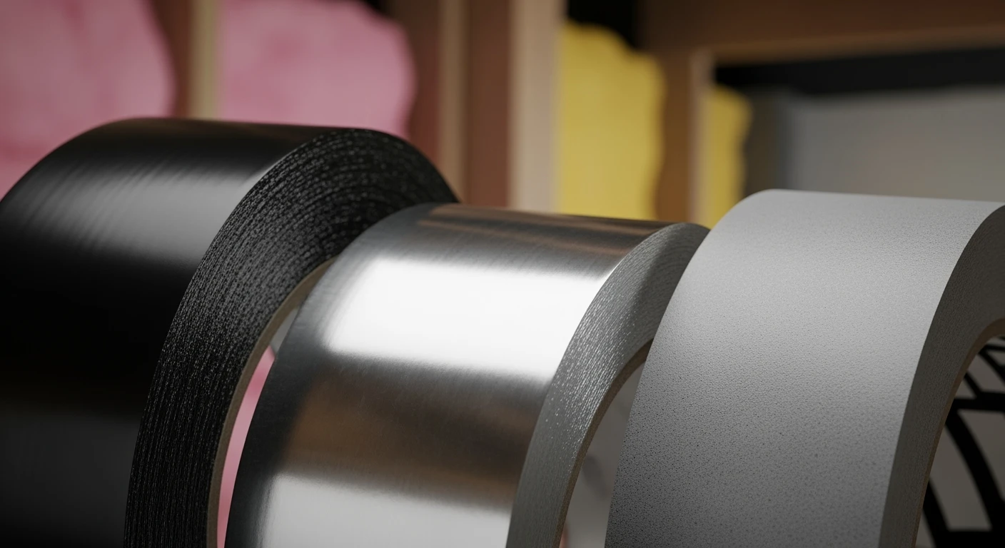 Isolatietape: zwart PVC, zilver aluminium en butyl tape in een bouwomgeving.